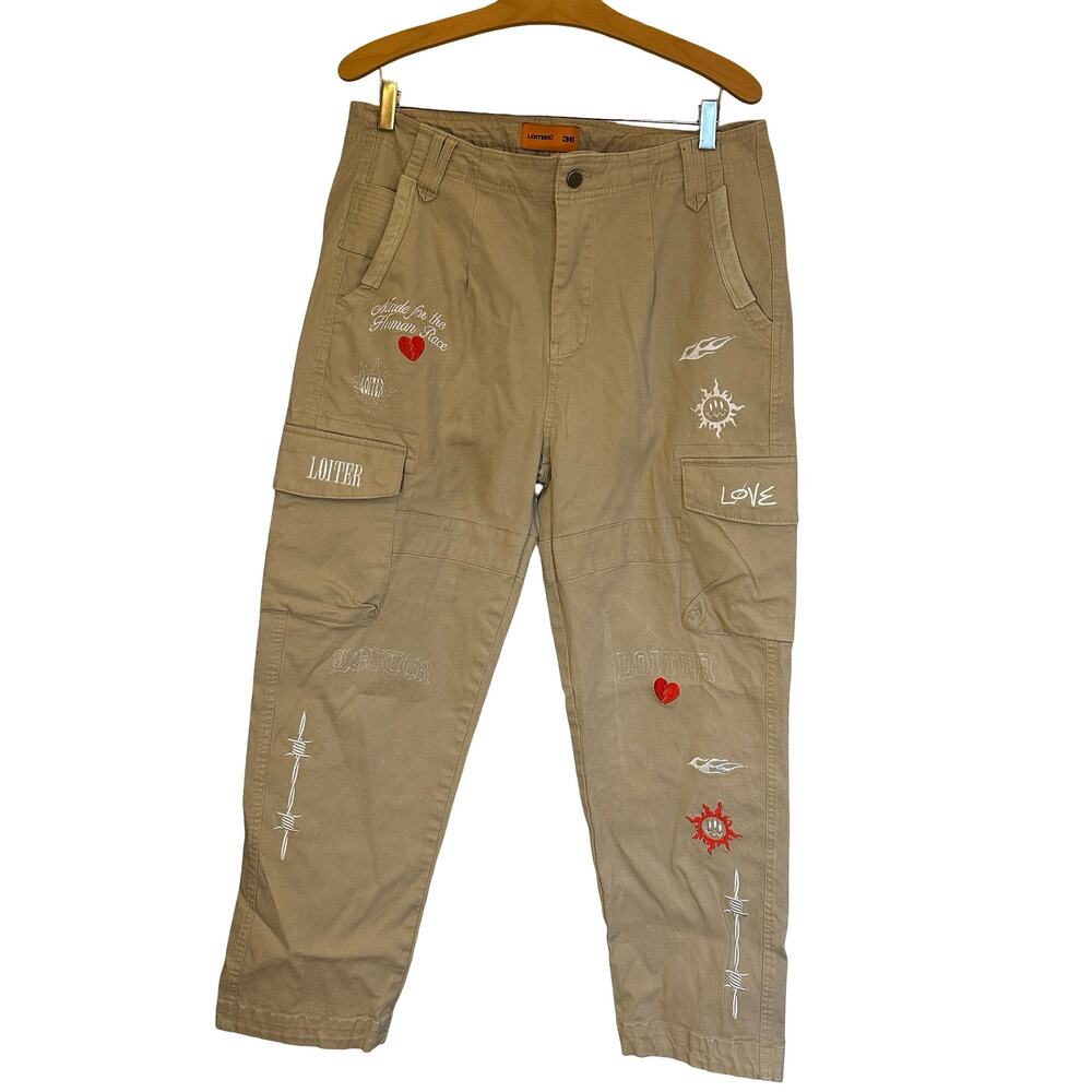 Loiter Sketch Cargo Pants Off White Tan Flaws and Sins Embroidery Utility 36